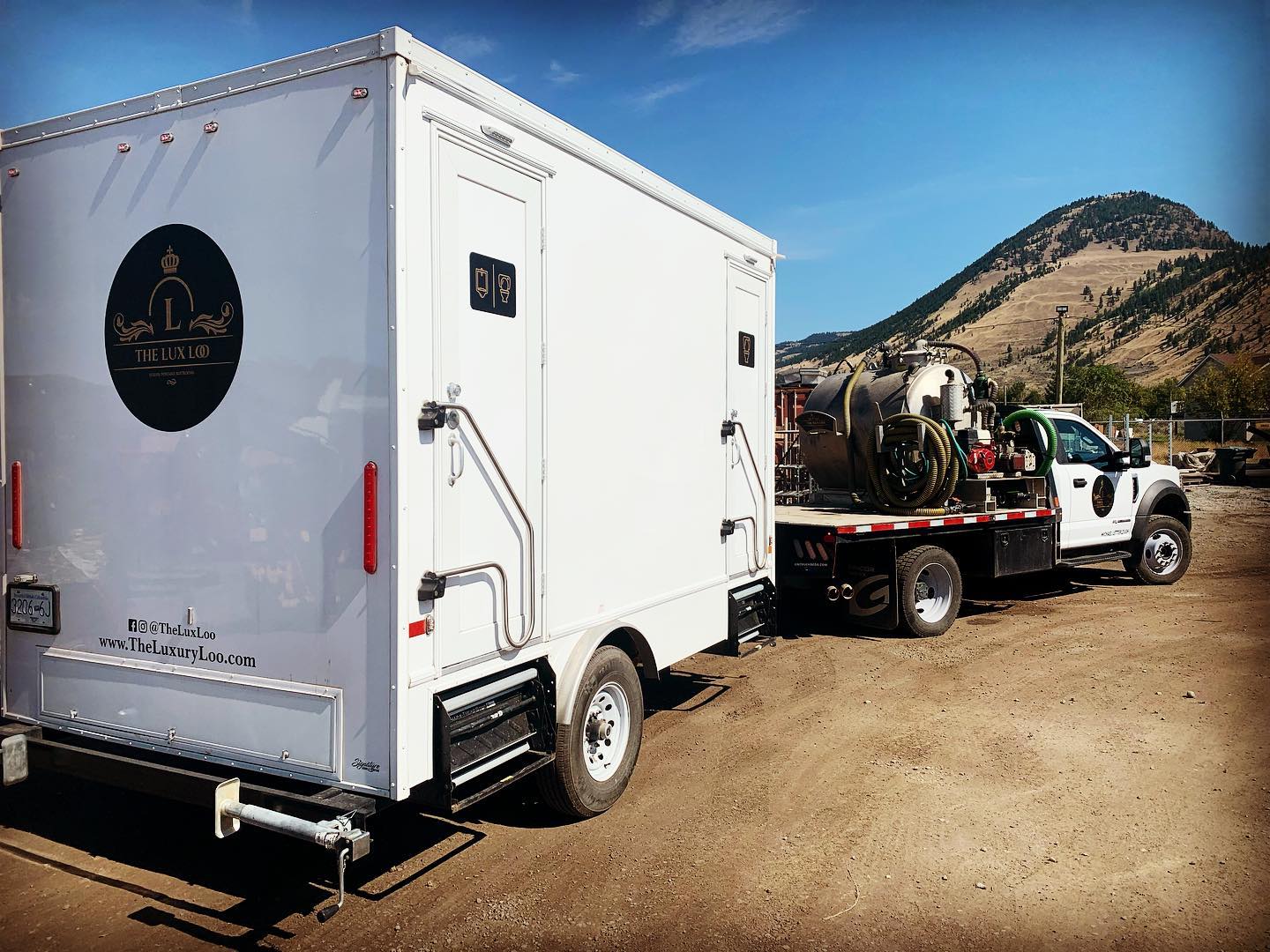 Luxury washroom trailer being delivered to a winery event at an Okanagan vineyard in BC.