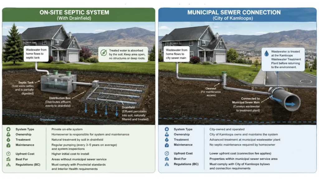 septic system vs municipal sewer diagram for a Kamloops BC residential property with drainfield