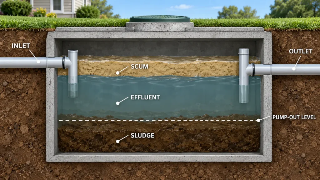 Diagram showing septic tank sludge and scum levels that determine pumping frequency
