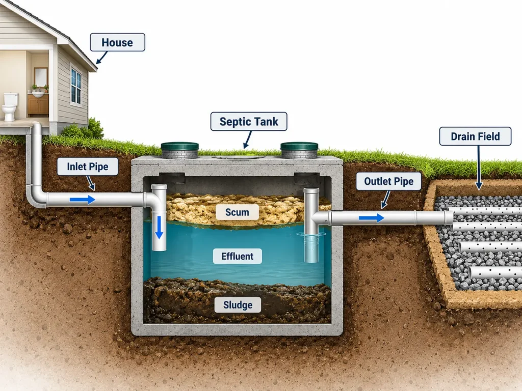 diagram showing septic tank layers including scum, effluent, and sludge in a residential BC septic system